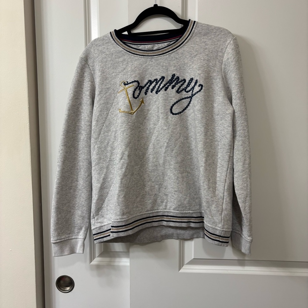 Tommy Hilfiger Crewneck Women's L Gray Knit Pullover Long Sleeve Anchor Detail